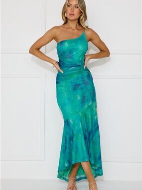 NWT One-Shoulder Teal Green Marbled Maxi Dress
